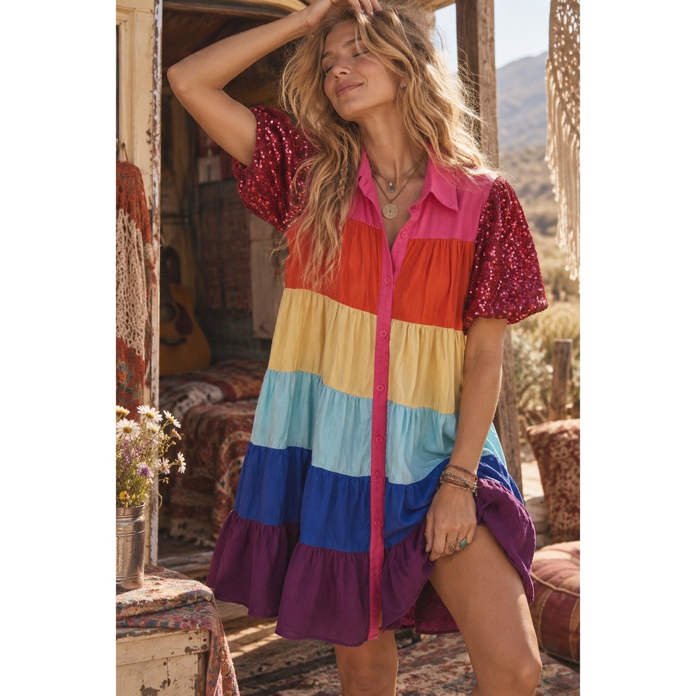 Blue B Collection Rainbow Tiered Sequin Sleeve Shirt Dress 32175D Small
